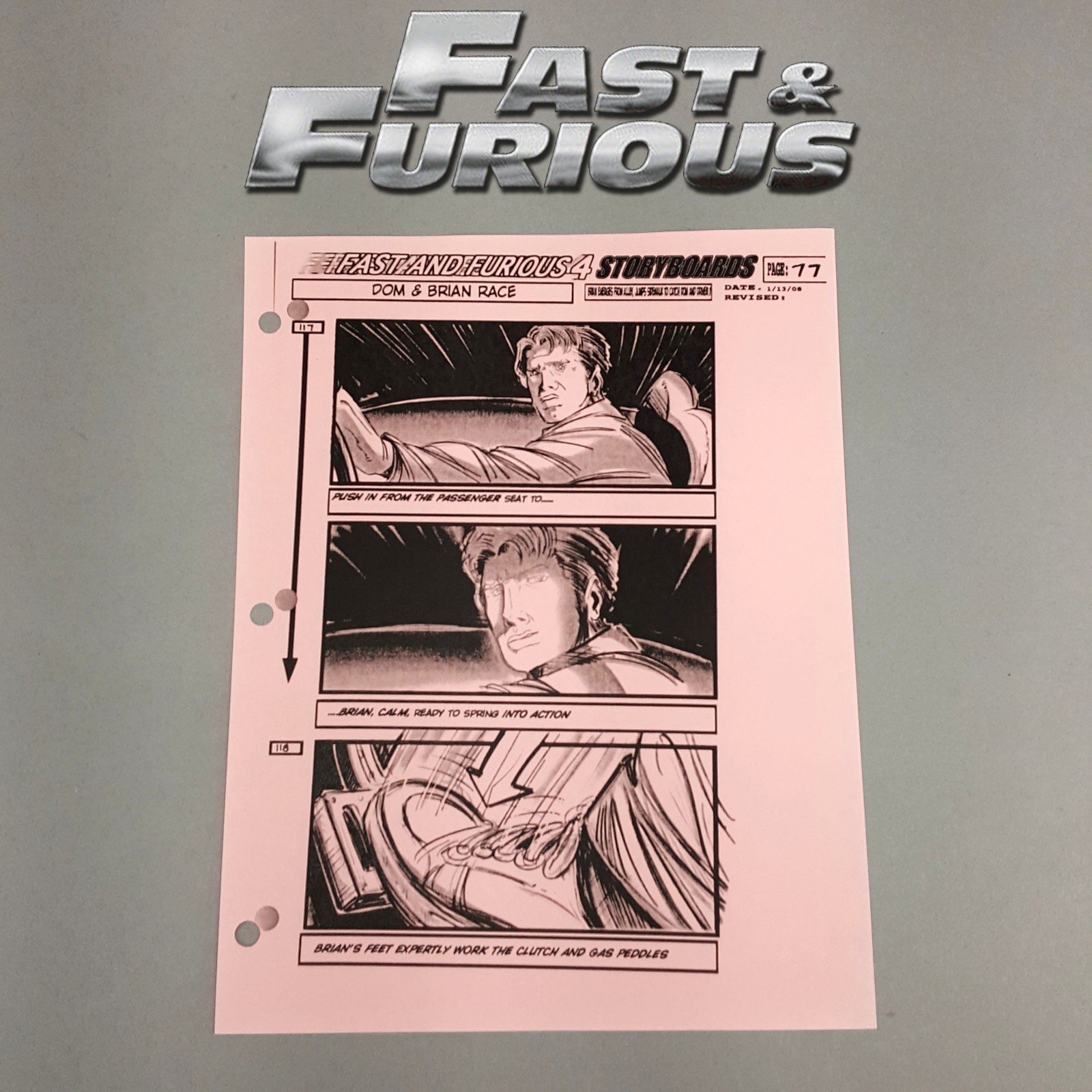 Fast and Furious 4 Production Used Storyboard, Brian Hits Gas and Clutch p77