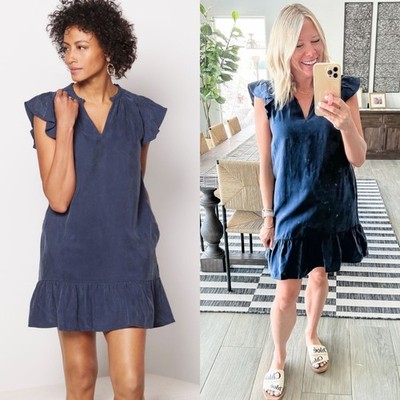 evereve blue dress Evereve Navy Blue V-Neck Ruffle Lightweight Shift Dress SIZE LARGE