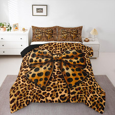 Cheetah Bow Bedding Set Brown Leopard Print Bowknot Comforter Set Twin Size for