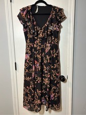 eshakti Black Midi Dress with Peach Floral Vine & Pink Accents