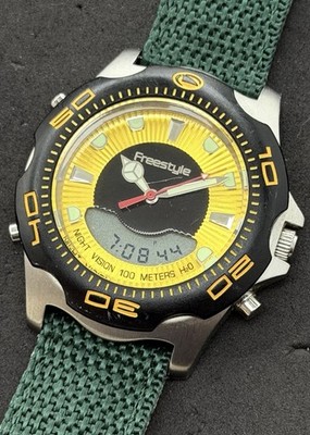 Vtg New FREESTYLE Shark X Night Vision Mens 42mm Ana-Digi Quartz Watch SS Yellow