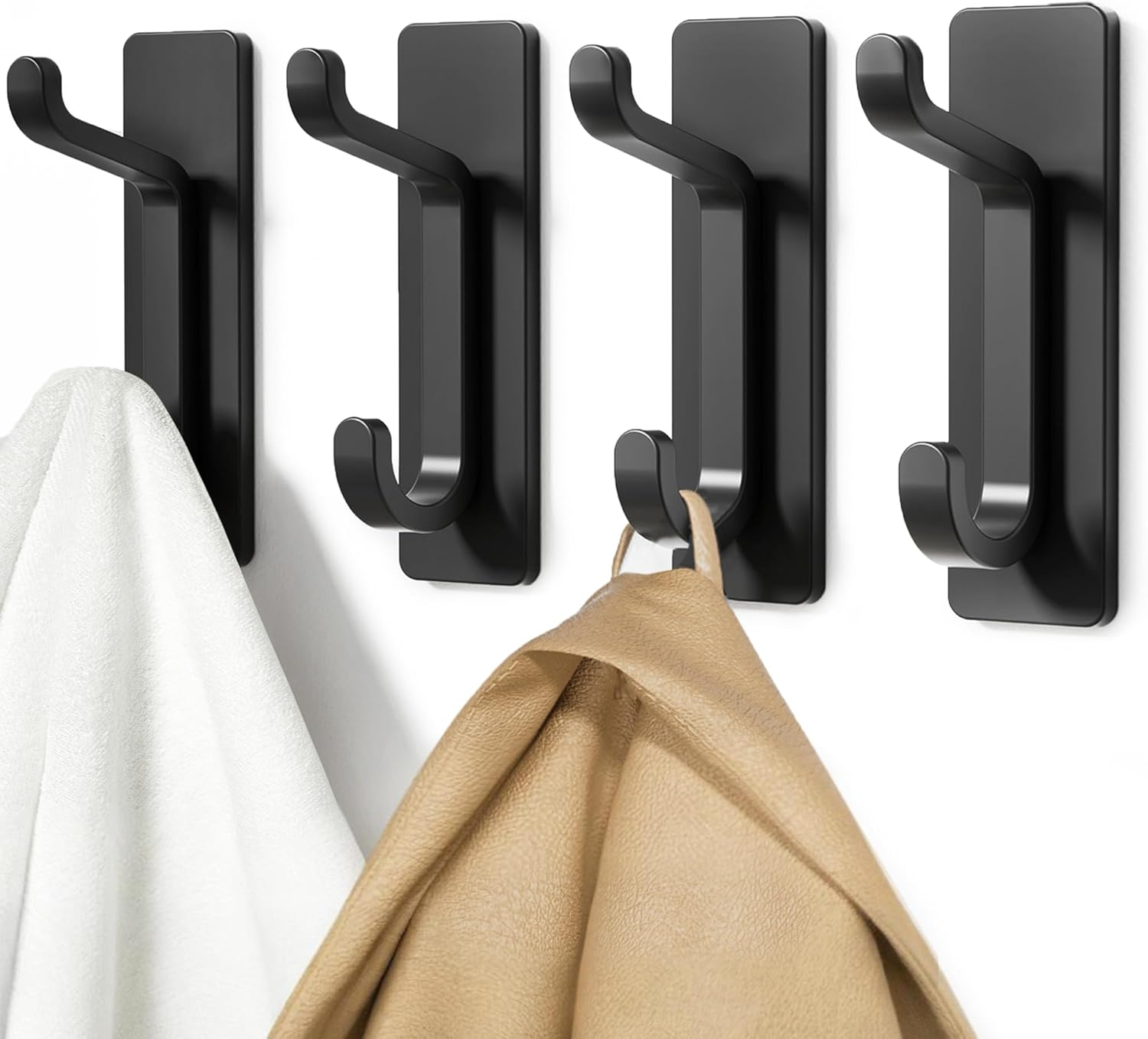 Wall Hooks for Coat and Towel: 13LB Strong Adhesive Door Hanger, Black 4 Pack