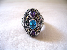 18K/SS Samuel Benham Bold Oval Blue Topaz & Amethyst Ring sz 9.75