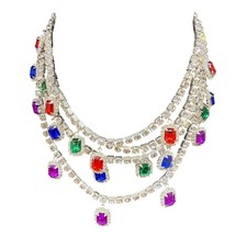 Clear Rhinestone Multicolor Crystal Chain Layer Choker Necklace