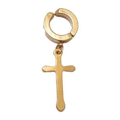 Men Women Gold Titanium Non-Pierced Clip On Catholic Cross Crucifix Solo Earring