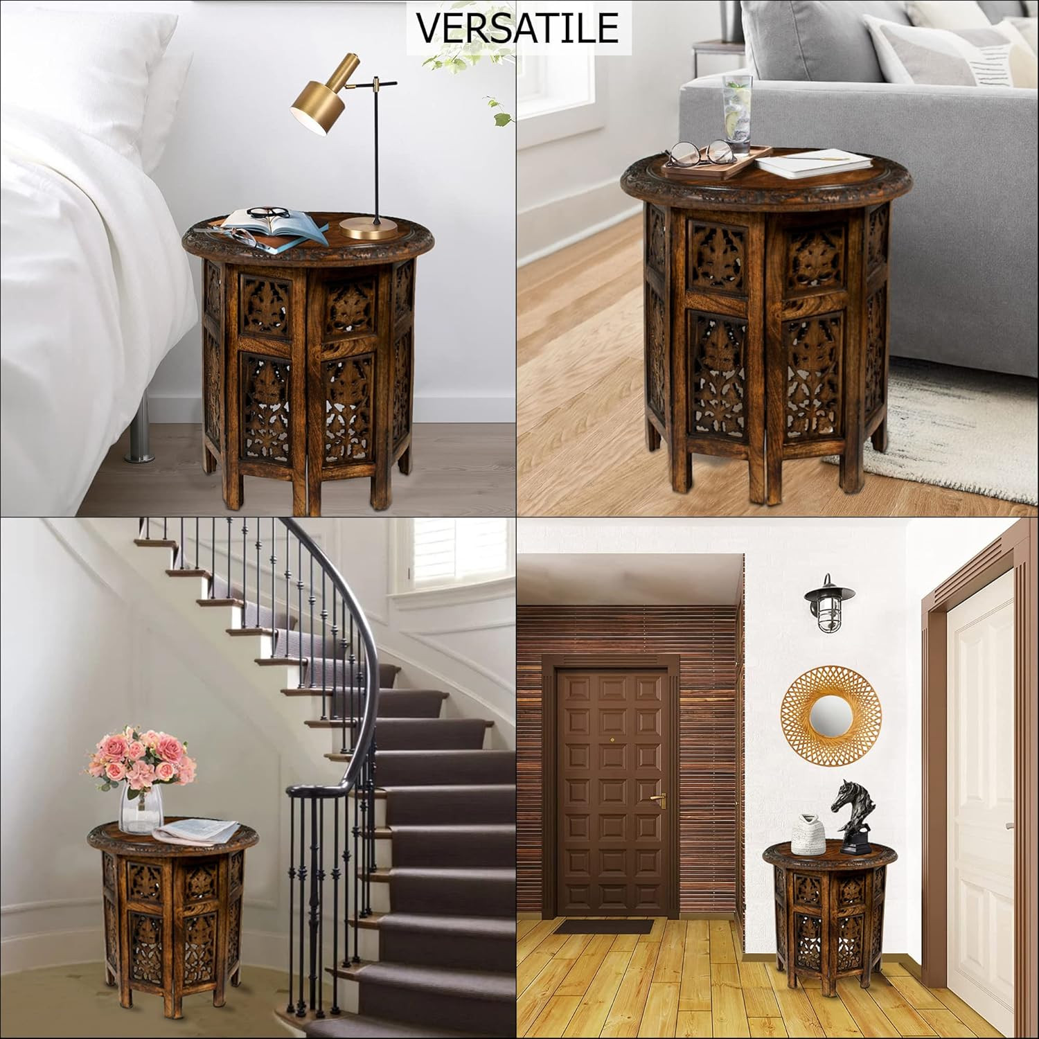 Solid Wood Accent End Table - Hand Carved Vintage Boho Folding Side Table - Smal