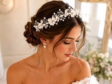 NIB Bridal Pearl Crystal Floral Headband Wedding Hair Crown Tiara White Silver