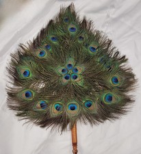 Antq Victorian Peacock Feather Hand Fan Fixed Screen Wood Handle 20s Gatsby Vtg