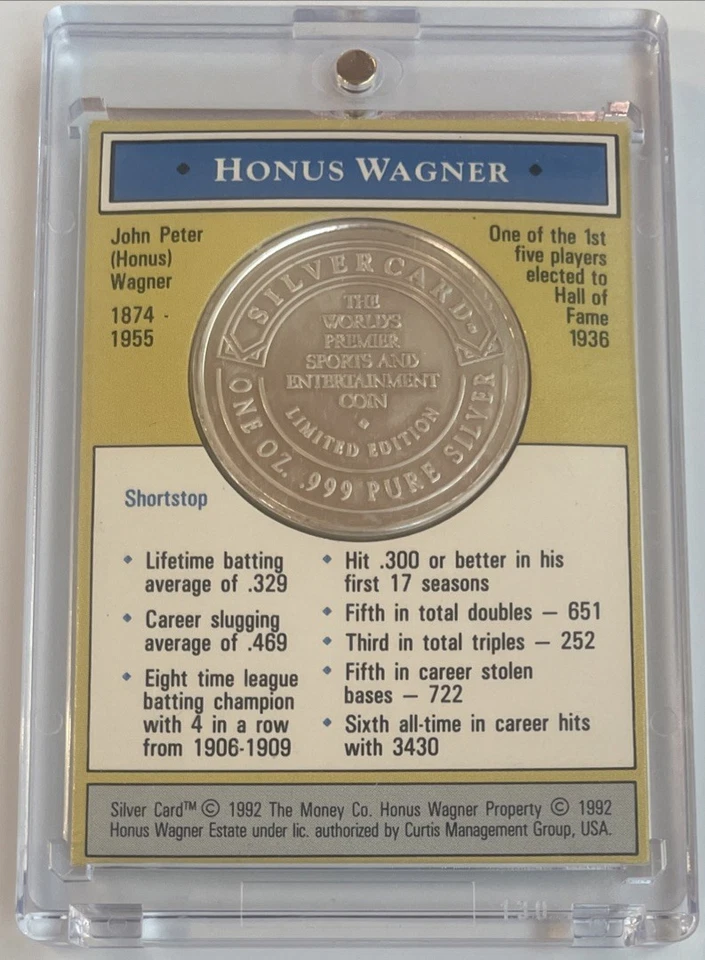 Moneda de tarjeta de plata pura Honus Wagner HOF 1 OZ 0,999 T206 MLB Foto 2 de 2