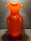 Vintage Hand Blown Art Glass Vase Amberina Satin Orange Lattice Ruffled Murano S