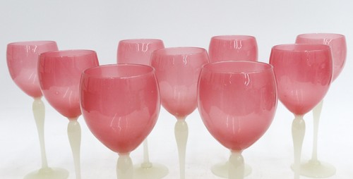 9 Stevens and Williams Rosaline Pink Alabaster White Stem Wine Glasses c1910 - Picture 2 of 4