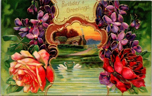 Lote de 2 postales de cumpleaños con bordes dorados florales Art Nouveau - Imagen 4 de 5