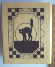 Anita s Halloween Black Cat by Moon Checkered Border Rubber Stamp unused