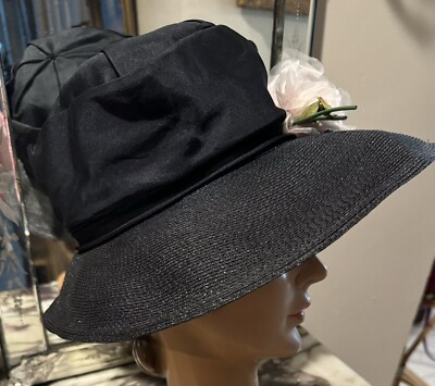 Wonderful Vintage Noreen Black Silk & Straw Hat Big Pink  display picture 1