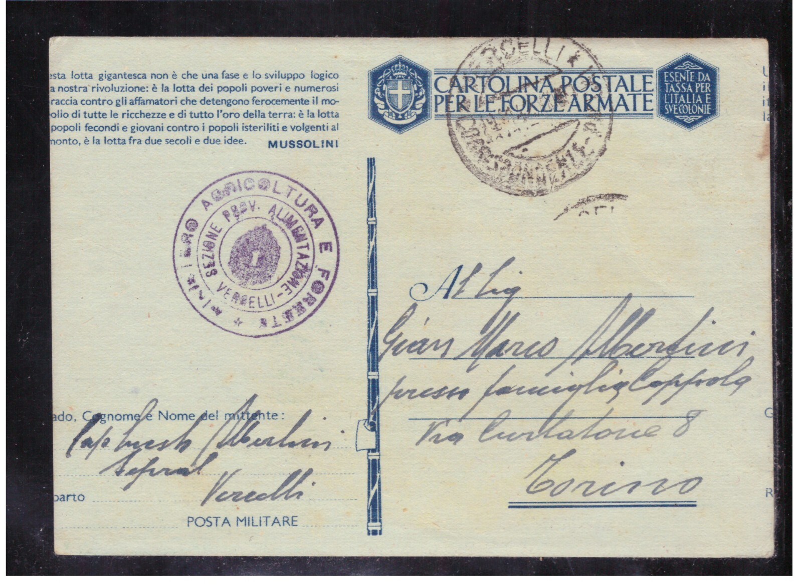 Cartolina Postale Forze Armate Frase Mussolini Varietà Taglio Spostato WZ1061