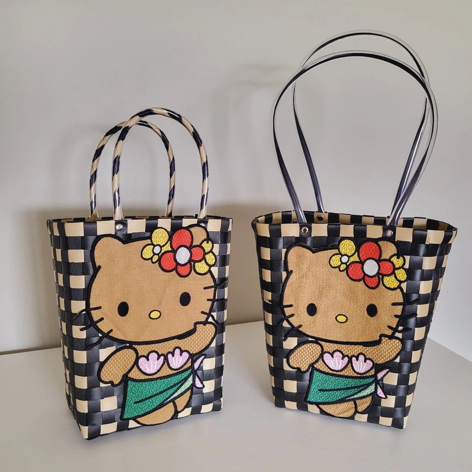 Lindo Bolso de Hombro Bordado Negro Hello Kitty Bolso Tejido Playa Vacaciones Foto 2 de 3