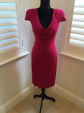 Alexander McQueen Dress Red-Fuchsia Cowl Neck Silk Crepe Size 40 Short Sleeve