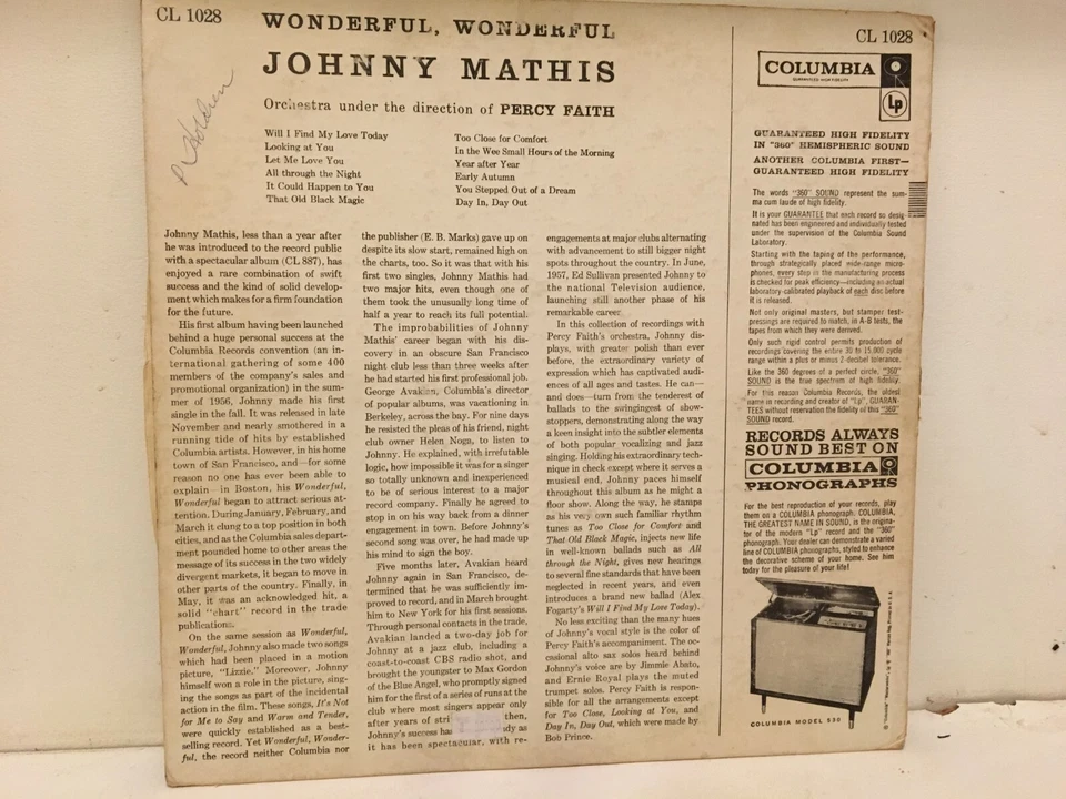 Johnny Mathis LP Wonderful, wonderful - Image 2 of 2