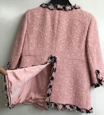 Chanel Jacket Pink Boucle Black Fray Trim 3/4 Sleeve Vintage Chanel Jacket Pink Boucle Black Fray Trim 3/4 Sleeve Vintage