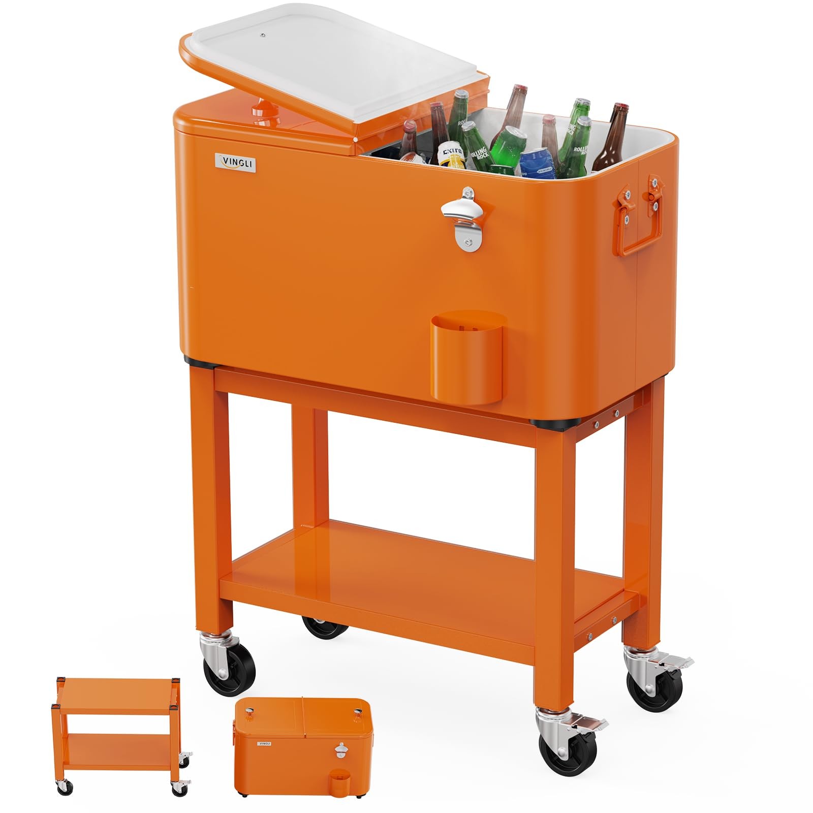 Rolling Ice Chest On Wheels Portable Party Bar Cart 60qt Orange