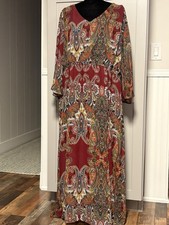 Signature Collection Women Maxi Dress 2X Burgundy Paisley V Neck Flowy Lined Boh