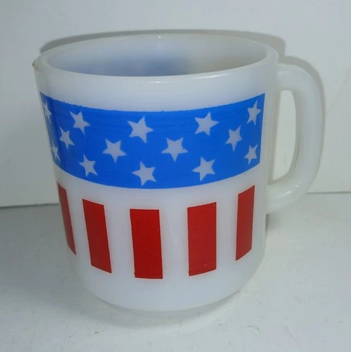 Vintage American Flag Glasbake Milk Glass Stars Stripes Coffee Mug Made in USA
