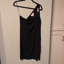 MICHAEL KORS Black One Shoulder Draped Sheath Dress Gold Buckle Size 8