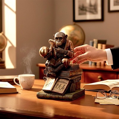 Evolutionstheorie Schimpanse Ornament Darwin Gelehrter Statue Bronze wissenschaftliche Ausstellung