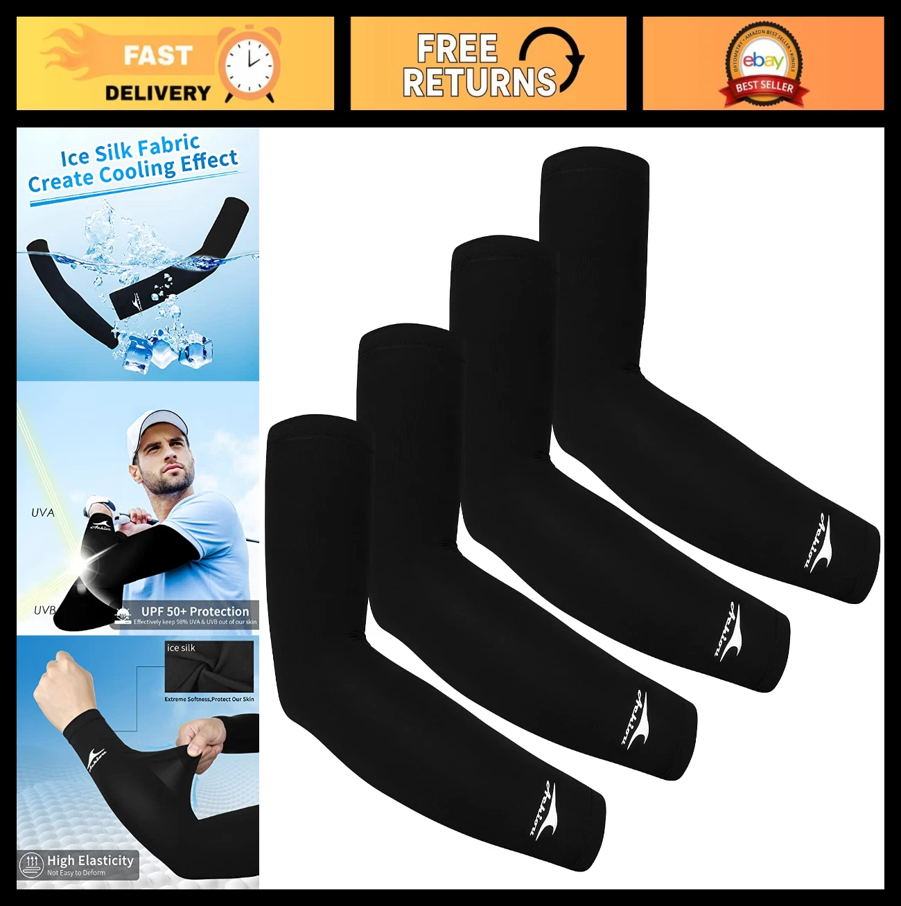 Cooling Ice Silk Arm Sleeves - UV Sun Protection Compression Sleeves UPF 50+ for