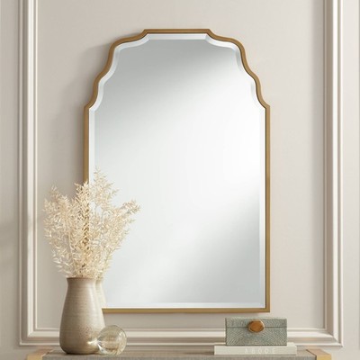 Rectangular Vanity Wall Mirror Beveled Waved Arched Gold Frame 26'' Wide Bathroom