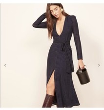Reformation Hailey Midi Dress Navy Polka Dot Long Sleeve Wrap Tie Front Slit M