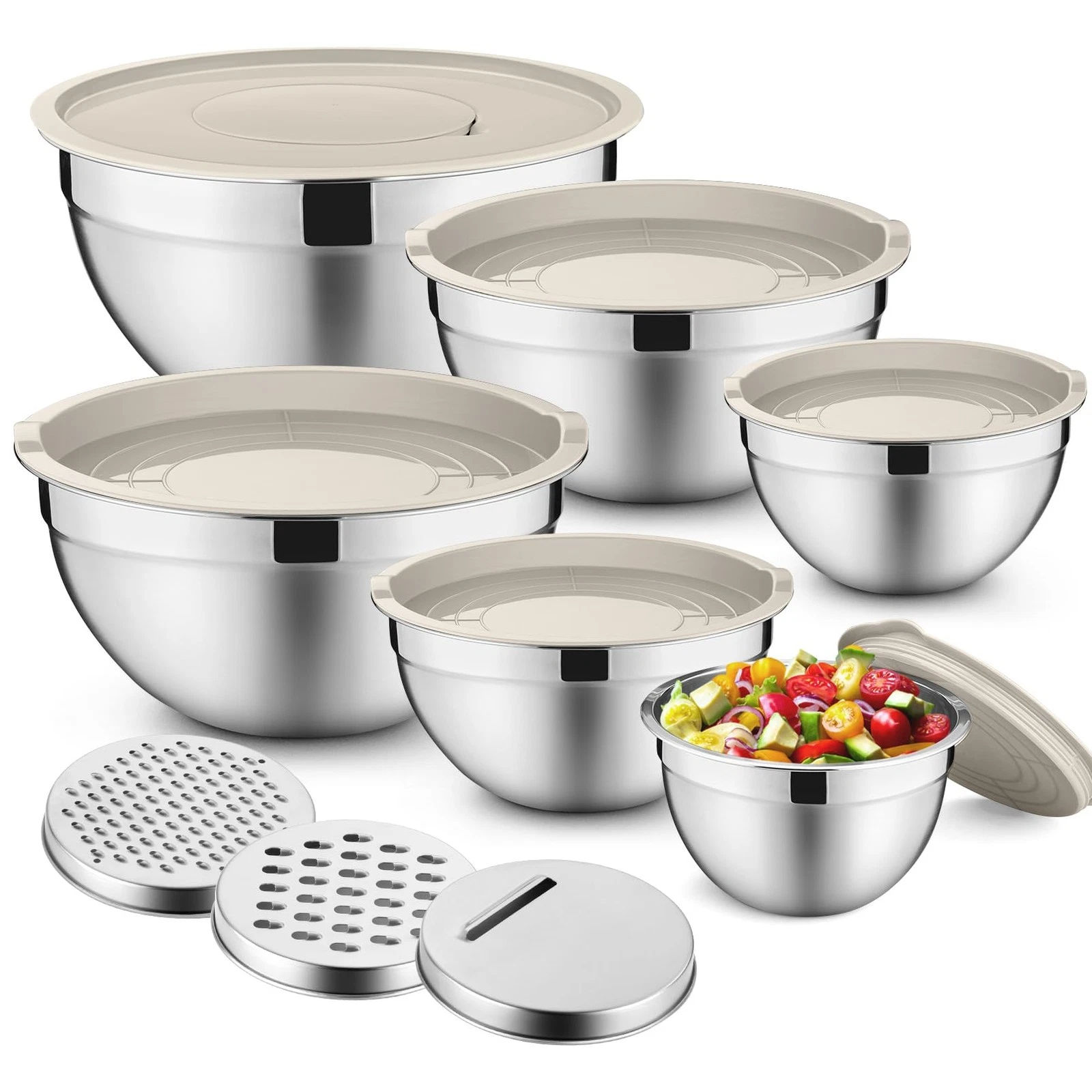Mixing Bowls with Lids Set of 6, Stainless Steel Nesting Salad Bowl & 3 Grate...