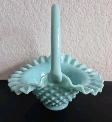 Vintage Fenton Pastel Turquoise Jade Hobnail Basket 1956 Glass Chipped Damage