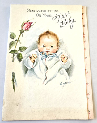 Vintage Greeting Card First Baby with Glittery Rose by Marjorie Cooper