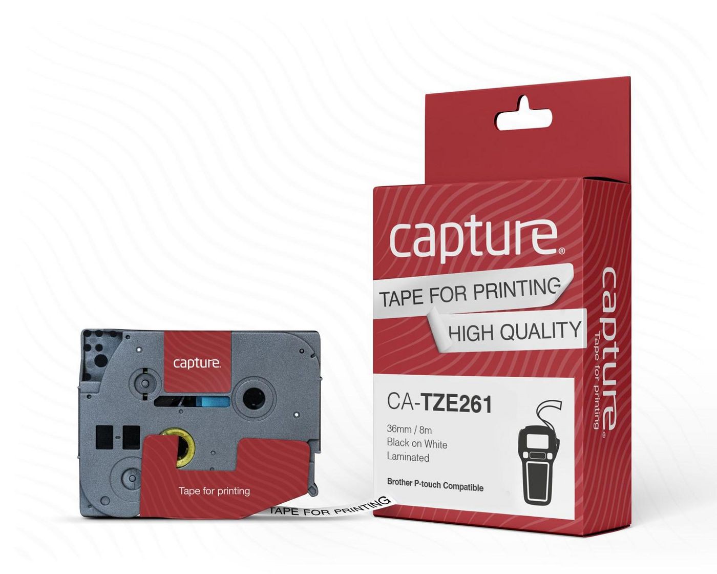 Capture CA-TZE261 36mm x 8m Black on White Tape