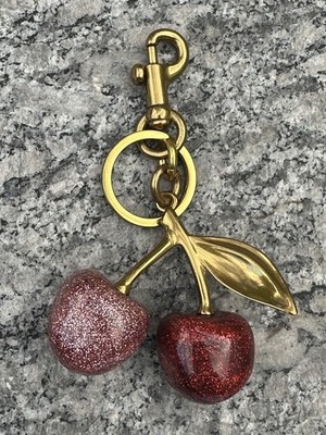 Glitter Red & Pink Cherry Duo Bag Charm Gold Keychain | Velvet Gift Dustbag