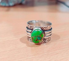 925 Sterling Silver Turquoise Ring, Green Oval Gemstone, Boho Adjustable Ring