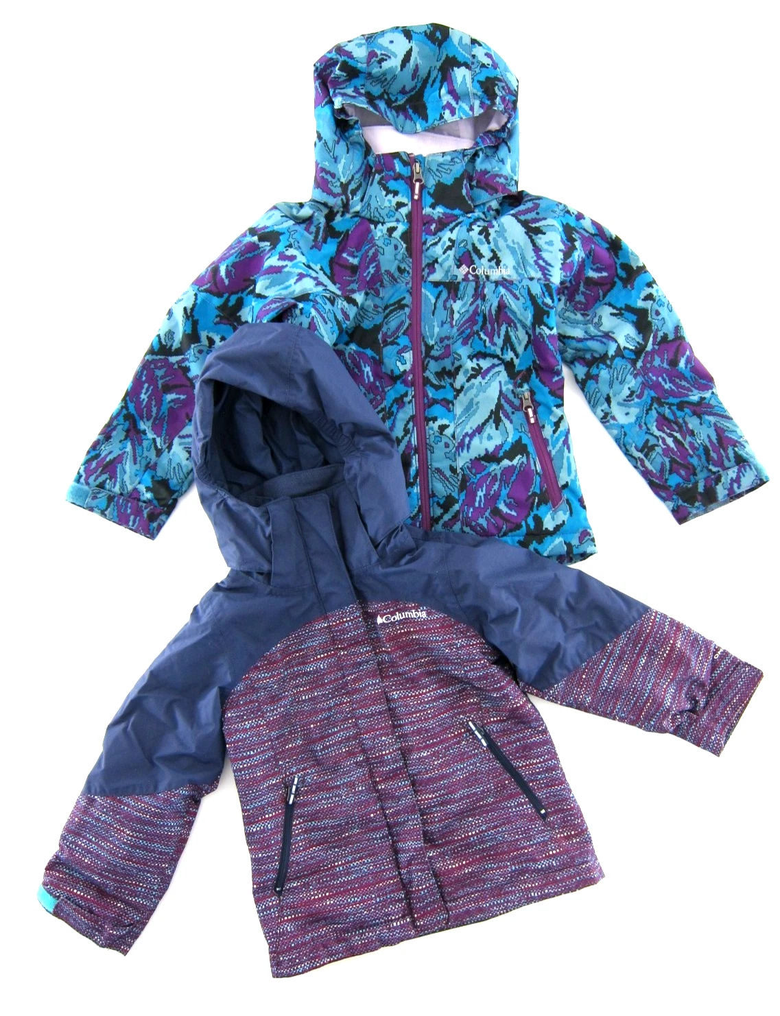 2 Columbia Interchange Outgrown Blue Purple Camo Rain Hooded Jackets Kid 4/5