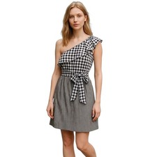 Calvin Klein Black White Gingham One Shoulder Ruffle Tie Waist Midi Dress 4 NWT
