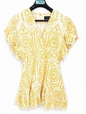 MINKPINK White Gold Embroidered Eyelet Mini Dress Sz M Boho Flutter Sleeve