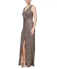 Alex and Eve V Neck Sequined Mocha Slit Knot Sleeveless Formal Evening Gown Sz 6