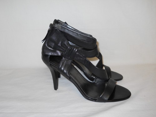 Nine West New Womens Jesenia Black Leather Open Toe Heels 7 M Shoes - Picture 2 of 6