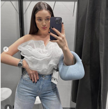 ZARA WOMAN NWT SS23 OYSTER WHITE ORGANZA RUFFLE RIB BODYSUIT S,L 0858/331