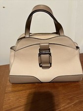 Nicoli Italy Dome Satchel – Two-tone Nude And Taupe Leather Bag Purse 2 Handles