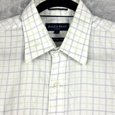 Austin Reed Shirt Mens Button Large Blue Green Business Office Classic Travel