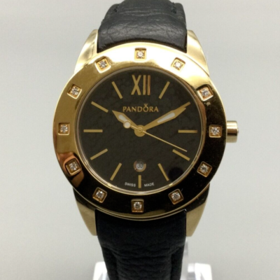 Pandora Uhr Damen Goldfarben Schwarz Krone Diamant Datum Swiss - Main Image