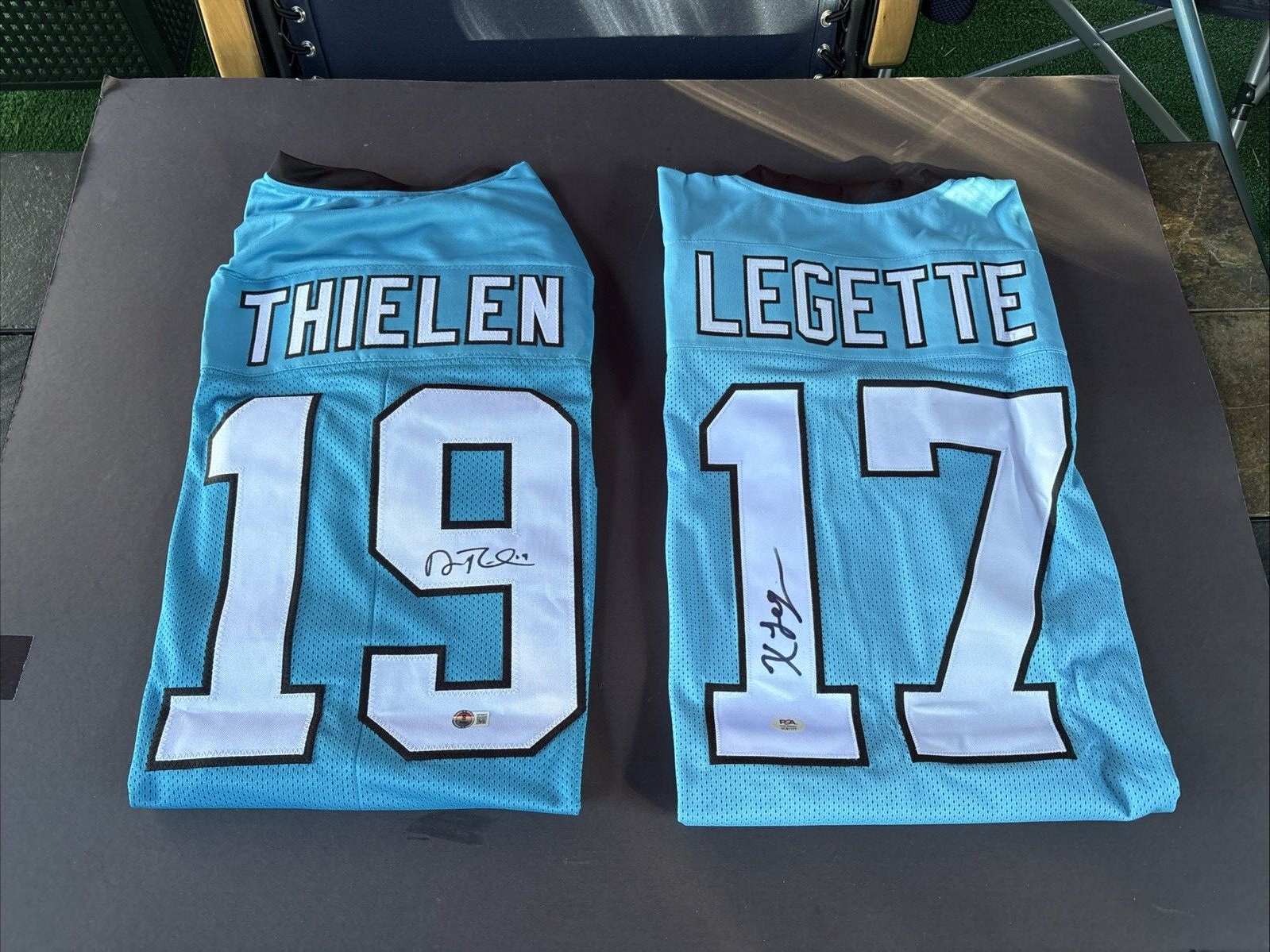 Adam Thielen & Xavier Legette Autographed Signed Carolina Panthers XL Custom Panthers Jerseys-BAS/PSA Witness 
