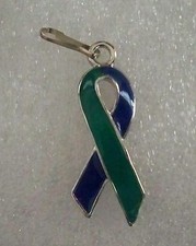 Down Syndrome Awareness green and blue ribbon zipper pull, silvertone ,USA made