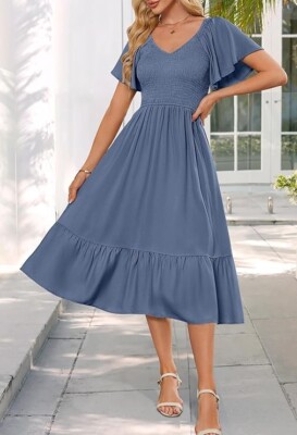 Women's Ruffle Sleeve Smocked Midi Dress V Neck Casual Dresses with Pockets