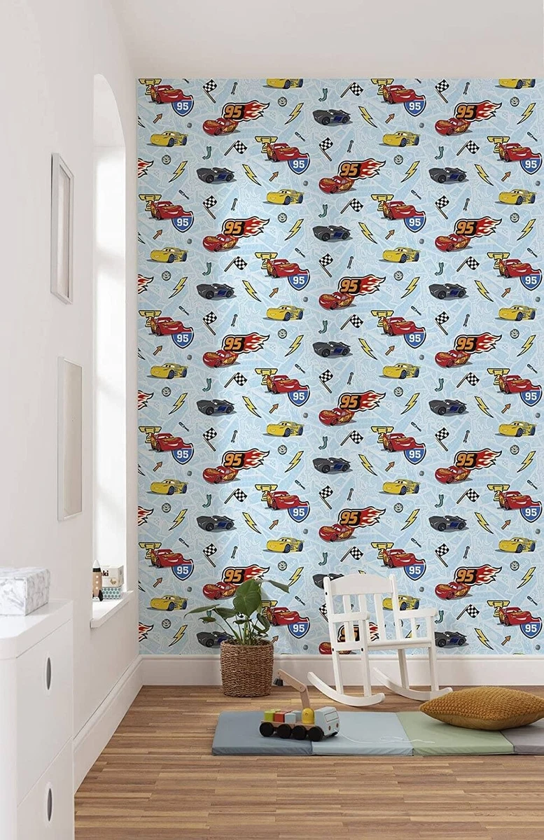 Rollo Papel Pintado Dormitorio Coches Disney 53cm x 10m Rollo Azul Lets Race No Tejido